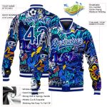 Custom Name & Number Urban Graffiti Pattern Bomber Jacket Royal-White 3D Full-Snap Varsity Letterman Style Street Art Personalized