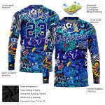 Personalized Urban Street Art 3D Graffiti Pattern Long Sleeve Performance T-Shirt Custom Name and Number - Royal White Personalized