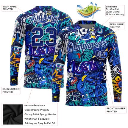 Personalized Urban Street Art 3D Graffiti Pattern Long Sleeve Performance T-Shirt Custom Name and Number - Royal White Personalized