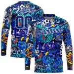 Personalized Urban Street Art 3D Graffiti Pattern Long Sleeve Performance T-Shirt Custom Name and Number - Royal White Personalized