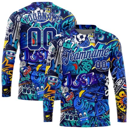 Personalized Urban Street Art 3D Graffiti Pattern Long Sleeve Performance T-Shirt Custom Name and Number - Royal White Personalized