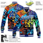 Custom Name Number Graffiti Pattern Royal-White 3D Varsity Letterman Bomber Jacket for Team - Personalized Full-Snap Outerwear