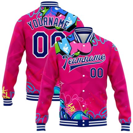 Personalized Royal-White Graffiti Bomber Jacket Urban Street Art 3D Hiphop Varsity Full-Snap Letterman Jacket Personalized