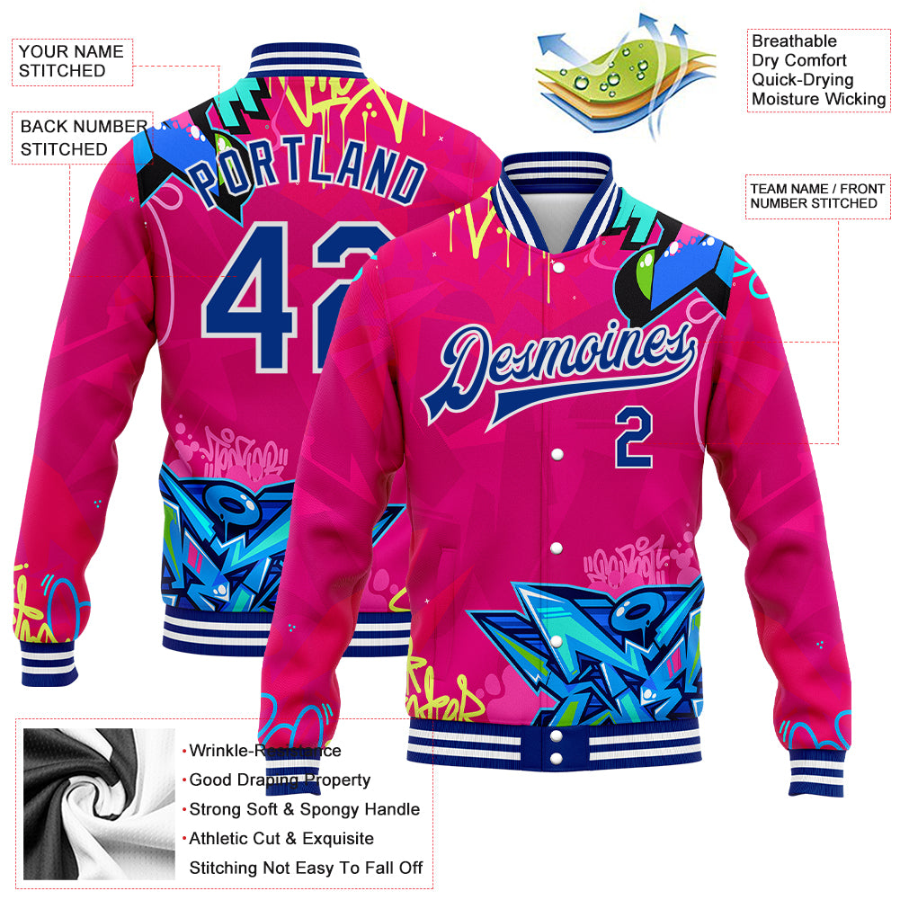 Personalized Graffiti Pattern Royal-White Hiphop Abstract Urban Street Art 3D Bomber Full-Snap Varsity Letterman Jacket Team Custom Name and Number Custom Name 3D Bomber Varsity Jacket Royal-White Graffiti Pattern Hip-Hop Urban Street Art Full-Snap Letterman Personalized - Image 3