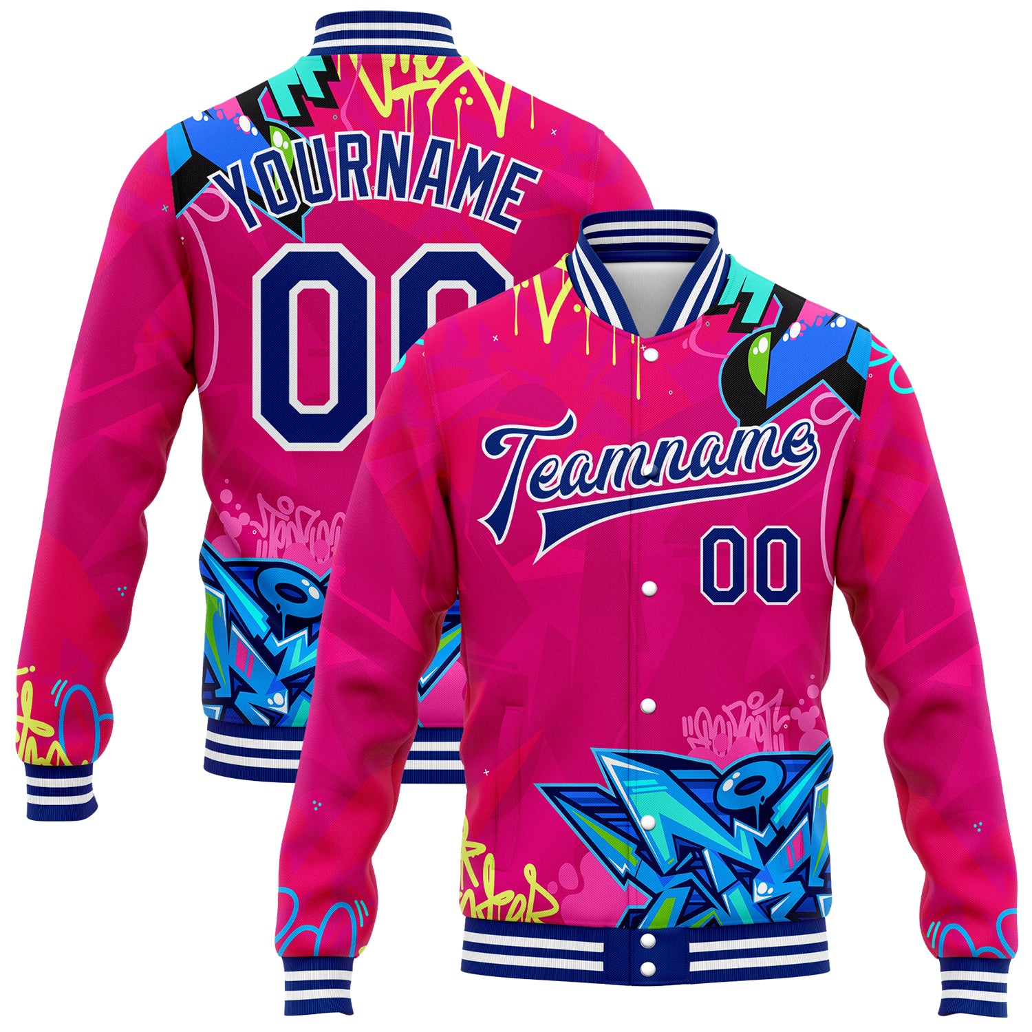 Custom Name 3D Bomber Varsity Jacket Royal-White Graffiti Pattern Hip-Hop Urban Street Art Full-Snap Letterman Personalized