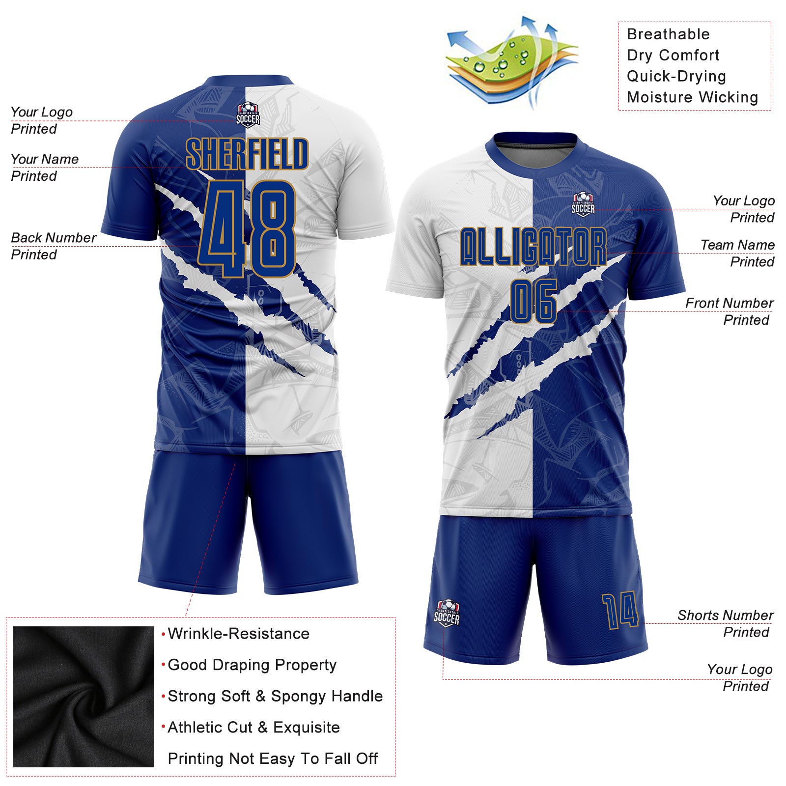 Personalized Graffiti Pattern Royal White-Old Gold Sublimation Soccer Uniform Jersey 7517 Personalized Sublimation Soccer Uniform Jersey - Graffiti Pattern Royal White-Old Gold 7517 Personalized Graffiti Pattern - Image 5