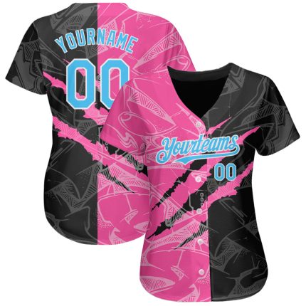Custom 3D Scratch Baseball Jersey with Personalized Name and Number, Sky Blue Black-Pink Graffiti Pattern, Authentic Design