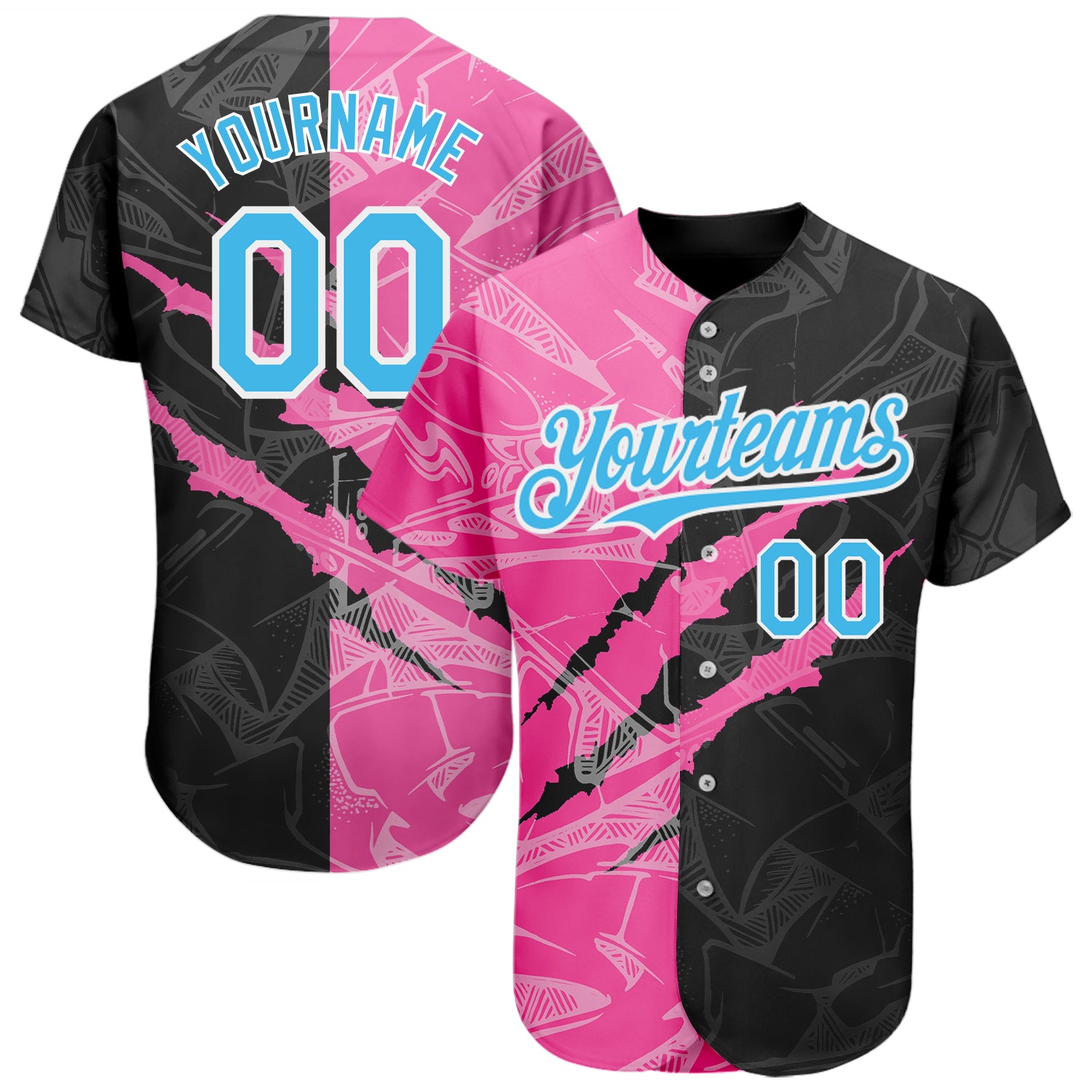 Custom 3D Scratch Baseball Jersey with Personalized Name and Number, Sky Blue Black-Pink Graffiti Pattern, Authentic Design