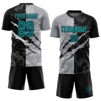 Personalized Teal Black-Gray Graffiti Soccer Uniform Jersey with Custom Name and Number - Scratch Sublimation Team Gear Personalized
