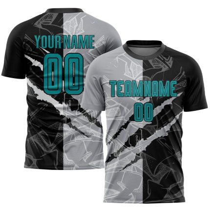 Personalized Teal Black-Gray Graffiti Soccer Uniform Jersey with Custom Name and Number - Scratch Sublimation Team Gear Personalized