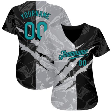 Custom Authentic Baseball Jersey - Personalized 3D Graffiti Pattern in Teal, Gray & Black with Team Name & Number Personalized