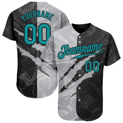 Custom Authentic Baseball Jersey - Personalized 3D Graffiti Pattern in Teal, Gray & Black with Team Name & Number Personalized