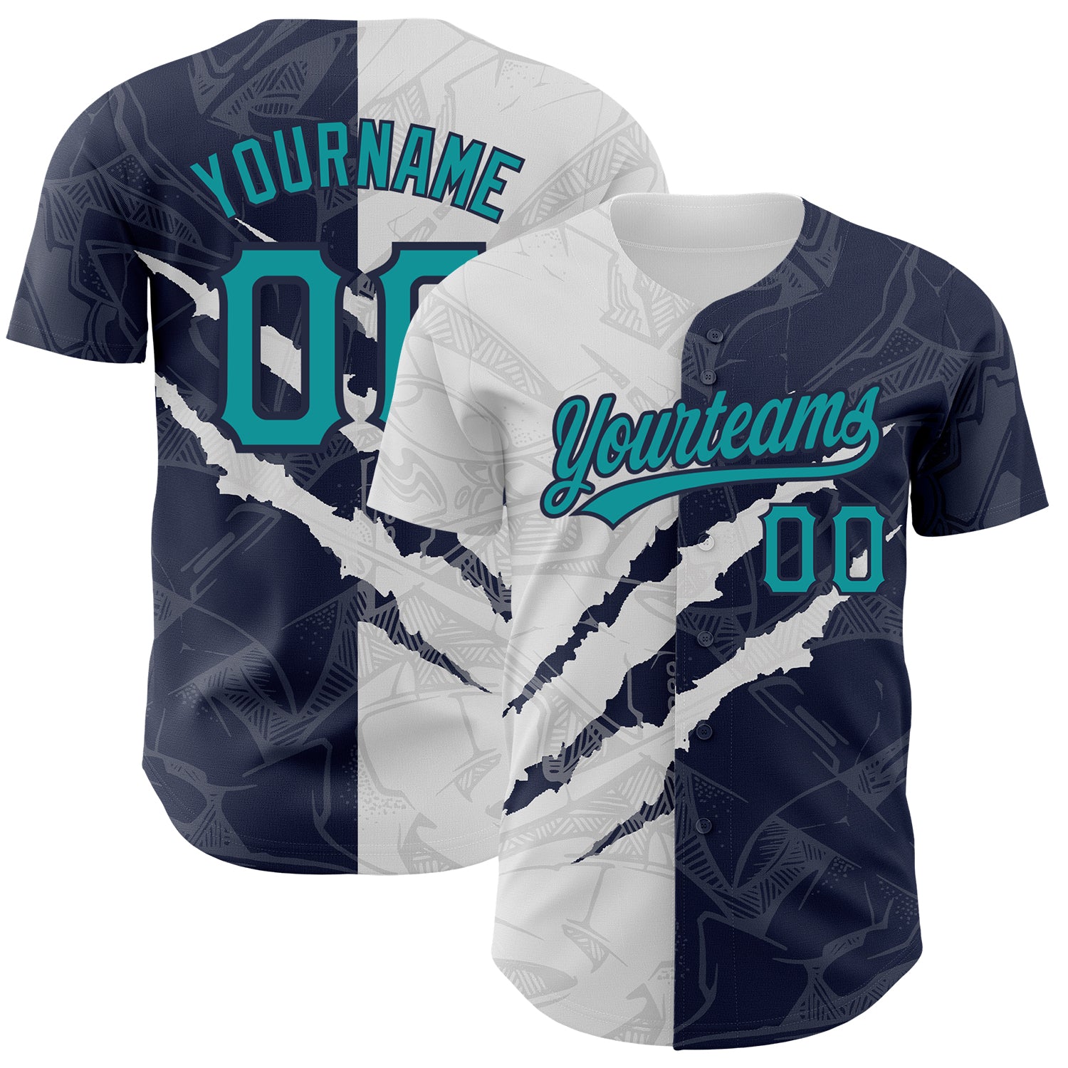 Custom Name Number Teal-Navy Graffiti Pattern 3D Scratch Baseball Jersey - Authentic Personalized Team Apparel Personalized