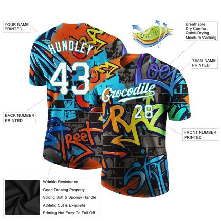 Personalized Graffiti Pattern Performance T-Shirt Custom Name & Number - White-Aqua 3D Team Wear Personalized Graffiti Pattern