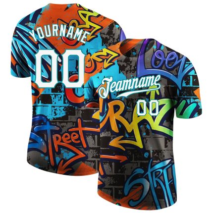 Personalized Graffiti Pattern Performance T-Shirt Custom Name & Number - White-Aqua 3D Team Wear Personalized Graffiti Pattern