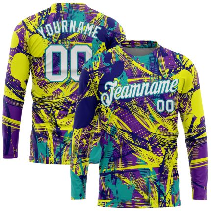 Custom Name and Number Urban 3D Long Sleeve T-Shirt - Personalized Graffiti Pattern White Aqua Performance Tee Personalized