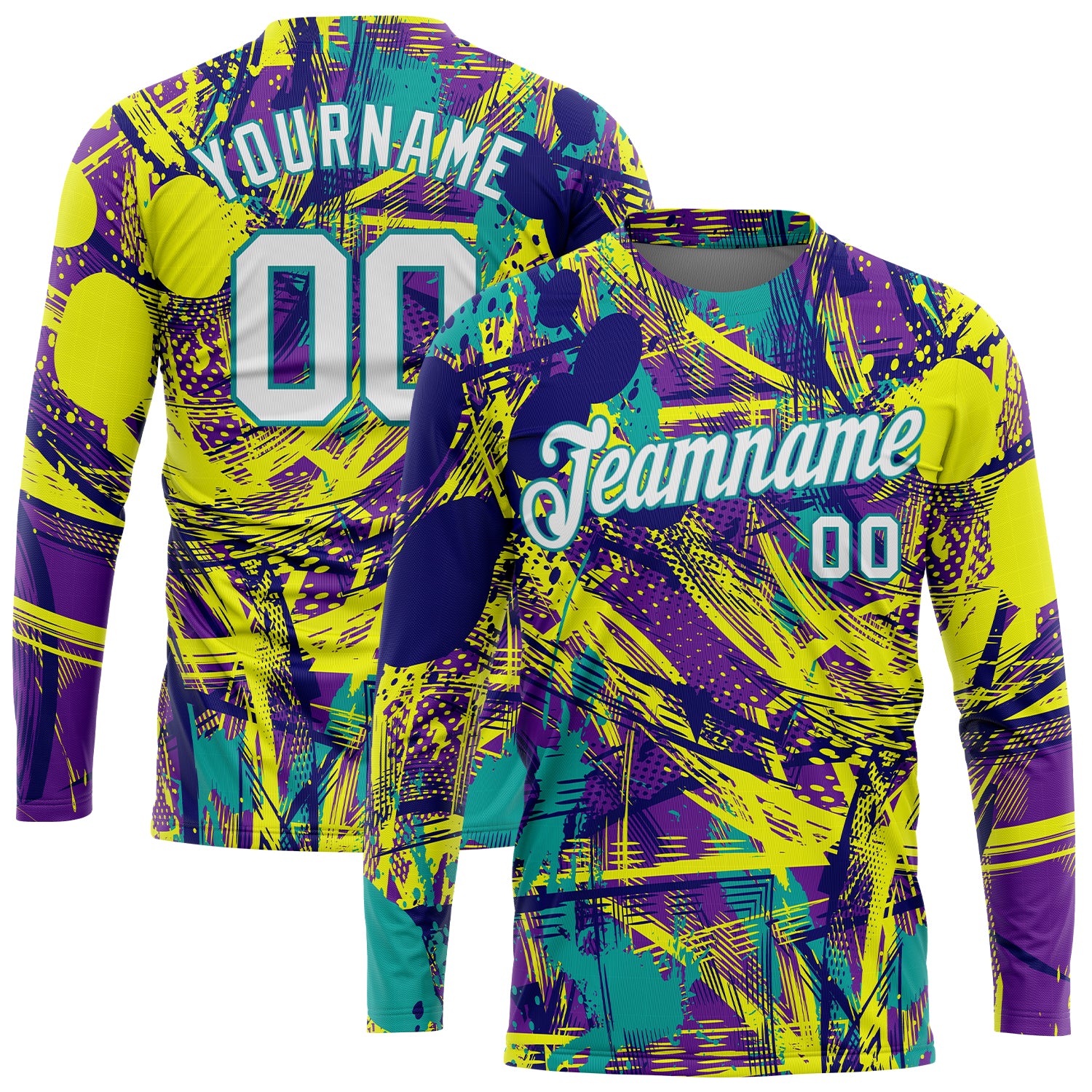 Custom Name and Number Urban 3D Long Sleeve T-Shirt - Personalized Graffiti Pattern White Aqua Performance Tee Personalized