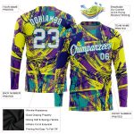Custom Name and Number Urban 3D Long Sleeve T-Shirt - Personalized Graffiti Pattern White Aqua Performance Tee Personalized