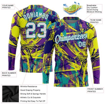Custom Name and Number Urban 3D Long Sleeve T-Shirt - Personalized Graffiti Pattern White Aqua Performance Tee Personalized
