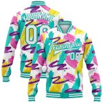 Custom Name Number 3D Bomber Varsity Jacket White Aqua Graffiti Pattern Abstract Watercolor Full-Snap Letterman Jacket Personalized