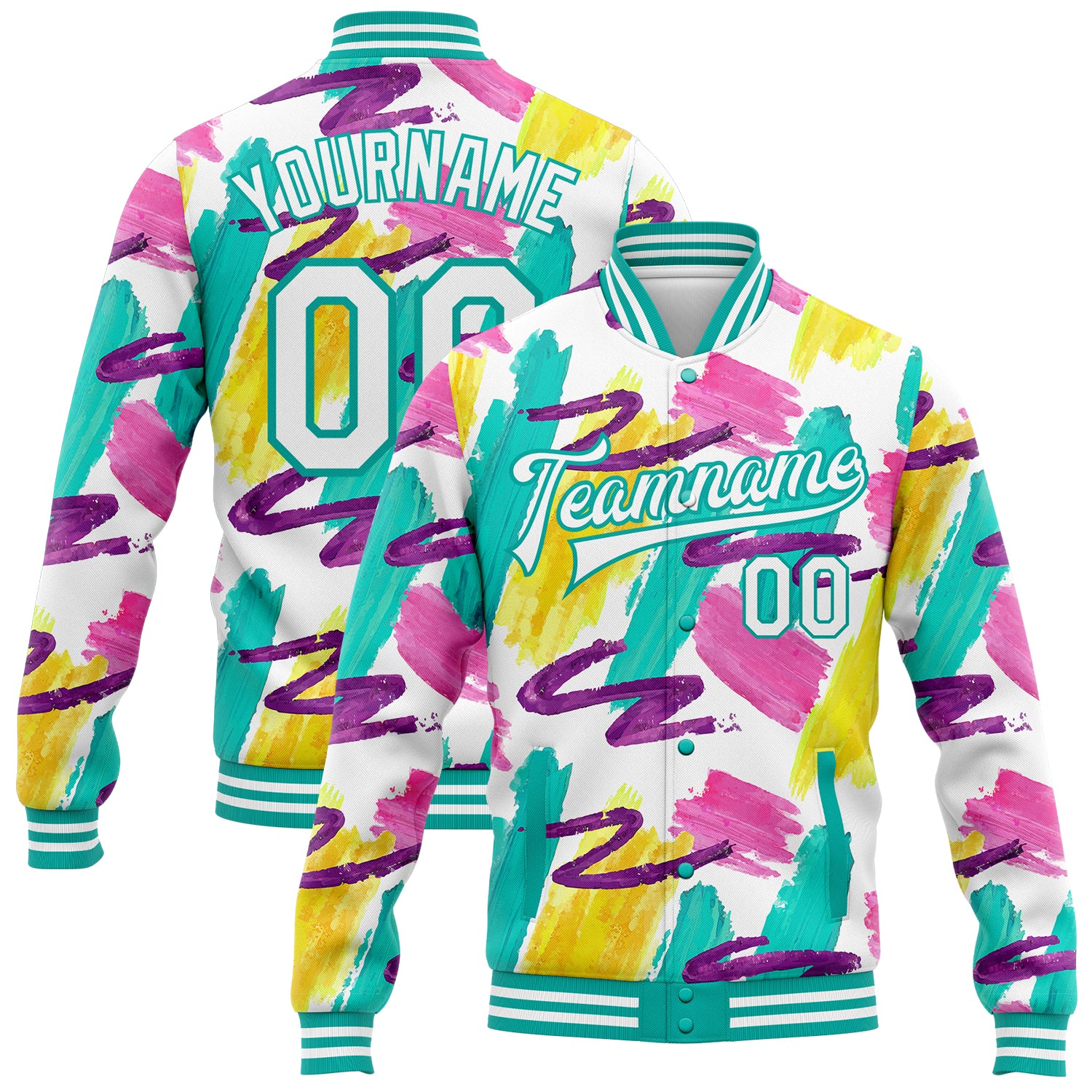 Custom Name Number 3D Bomber Varsity Jacket White Aqua Graffiti Pattern Abstract Watercolor Full-Snap Letterman Jacket Personalized