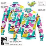 Custom Name Number 3D Bomber Varsity Jacket White Aqua Graffiti Pattern Abstract Watercolor Full-Snap Letterman Jacket Personalized