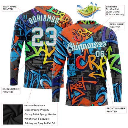 Custom Name and Number 3D Geometric Graffiti Pattern Long Sleeve Performance T-Shirt in White-Aqua Personalized Graffiti