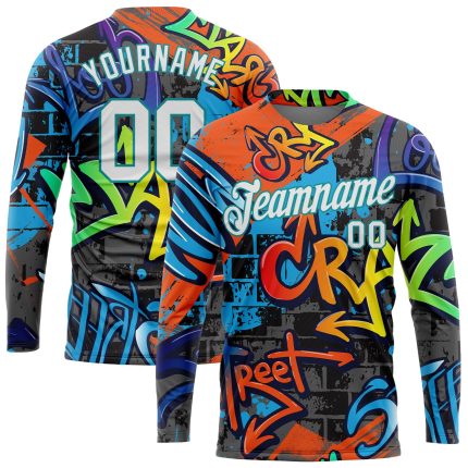 Custom Name and Number 3D Geometric Graffiti Pattern Long Sleeve Performance T-Shirt in White-Aqua Personalized Graffiti
