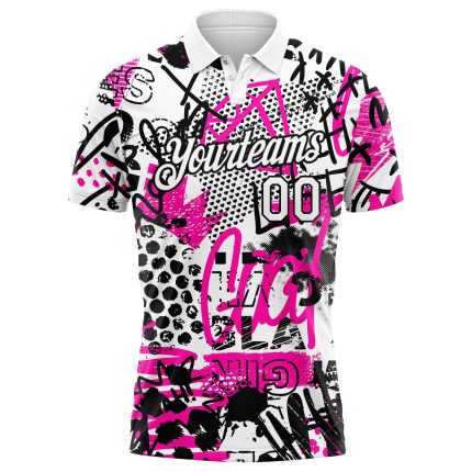 Custom Name and Number Golf Polo Shirt | Personalized 3D Performance Graffiti Pattern - White and Black Personalized Graffiti