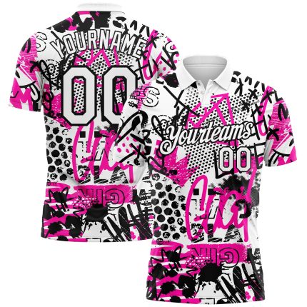 Custom Name and Number Golf Polo Shirt | Personalized 3D Performance Graffiti Pattern - White and Black Personalized Graffiti