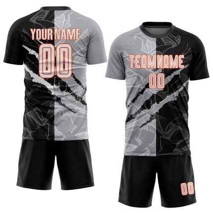Custom Personalized Soccer Jersey with Graffiti Pattern in White, Black, Gray, Orange - Team Name & Number Sublimation Design