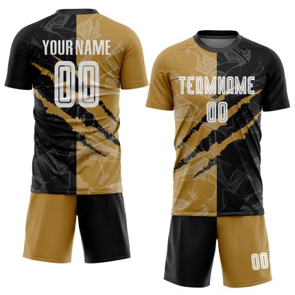 Custom Name Number Soccer Jersey - Personalized Graffiti Pattern White Black Old Gold Sublimation Team Uniform Personalized