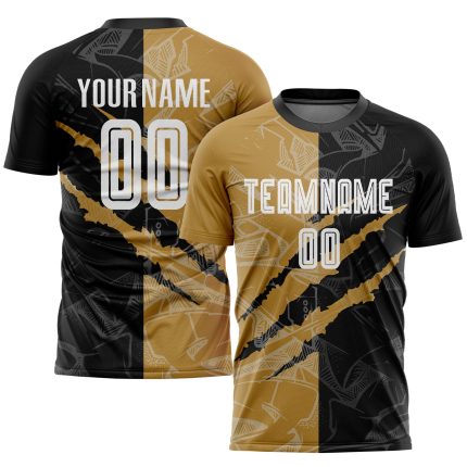 Custom Name Number Soccer Jersey - Personalized Graffiti Pattern White Black Old Gold Sublimation Team Uniform Personalized