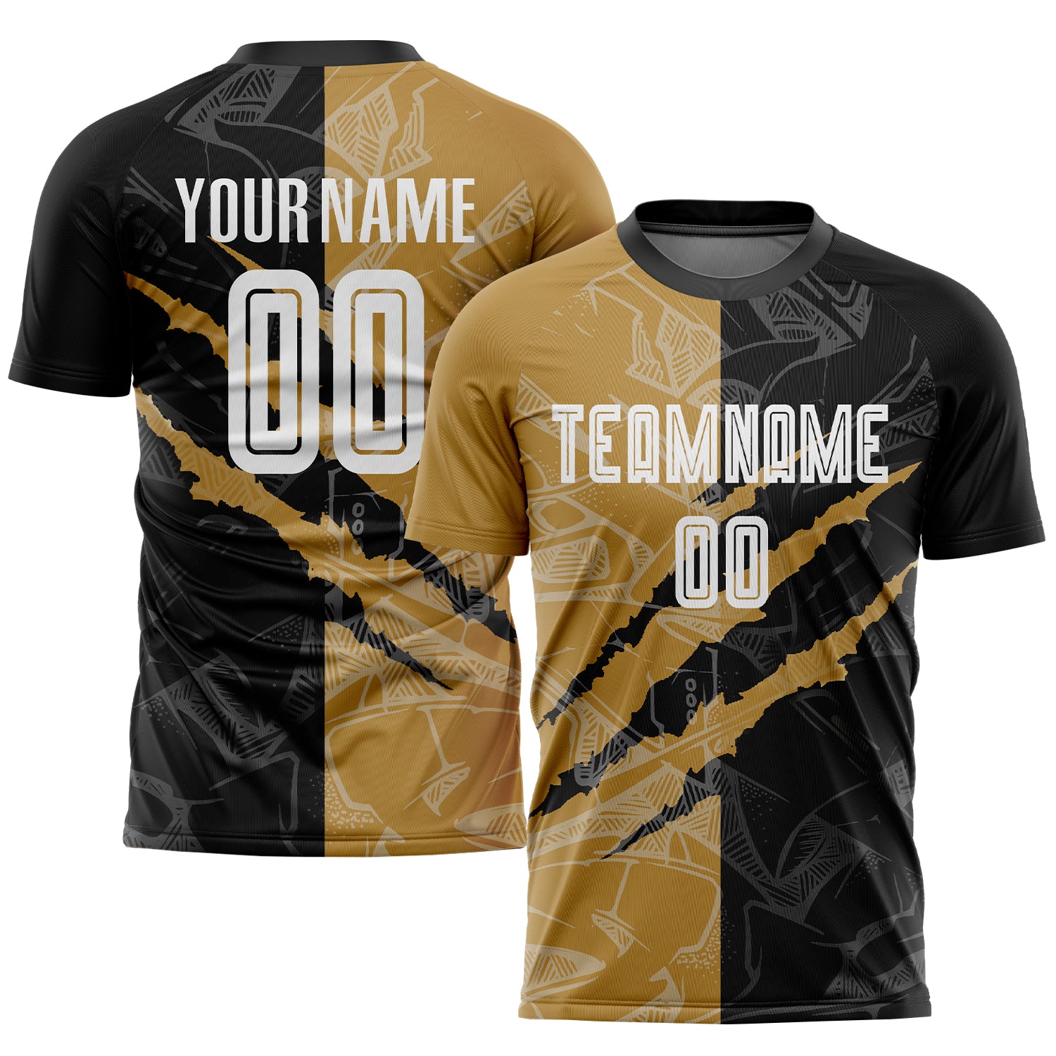 Custom Name Number Soccer Jersey - Personalized Graffiti Pattern White Black Old Gold Sublimation Team Uniform Personalized