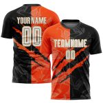 Custom Sublimation Soccer Uniform Jersey - Personalized Graffiti Pattern in White, Black, Orange, and Old Gold with Team Name & Number