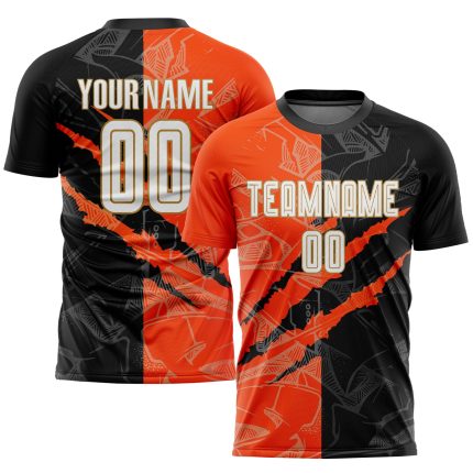 Custom Sublimation Soccer Uniform Jersey - Personalized Graffiti Pattern in White, Black, Orange, and Old Gold with Team Name & Number