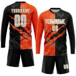 Custom Sublimation Soccer Uniform Jersey - Personalized Graffiti Pattern in White, Black, Orange, and Old Gold with Team Name & Number