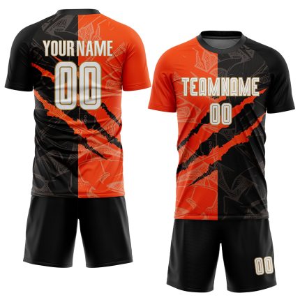 Custom Sublimation Soccer Uniform Jersey - Personalized Graffiti Pattern in White, Black, Orange, and Old Gold with Team Name & Number