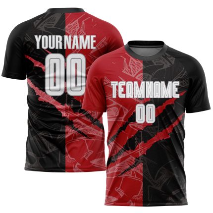 Custom Graffiti Pattern Soccer Jersey - Personalized Black Red Gray Sublimation Uniform with Team Name and Number Personalized