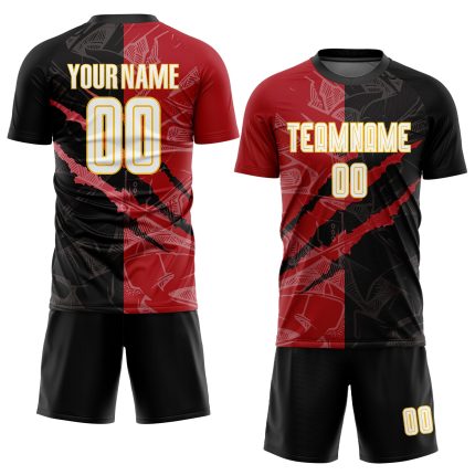 Custom Soccer Jersey with Personalized Graffiti Pattern in White, Black, Red, Yellow - Team Name & Number Sublimation Uniform
