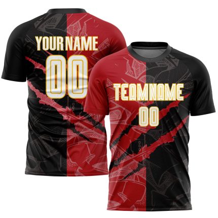 Custom Soccer Jersey with Personalized Graffiti Pattern in White, Black, Red, Yellow - Team Name & Number Sublimation Uniform