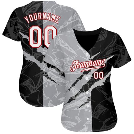 Custom 3D Scratch Baseball Jersey - Personalized Graffiti Pattern in White Gray-Red with Custom Name & Number Personalized