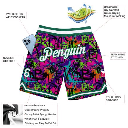 Custom Name Number 3D Basketball Shorts - White Kelly Green Graffiti Pattern Authentic Team Gear Personalized Graffiti Pattern