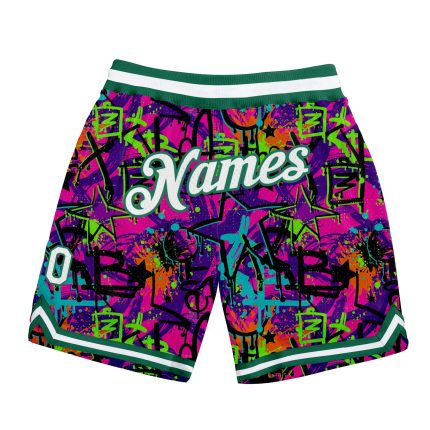 Custom Name Number 3D Basketball Shorts - White Kelly Green Graffiti Pattern Authentic Team Gear Personalized Graffiti Pattern