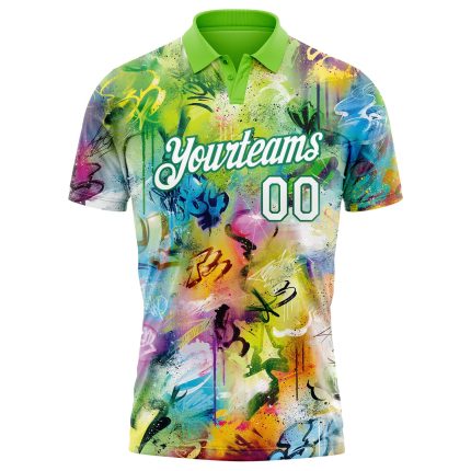 Custom Name Number 3D Performance Golf Polo Shirt - Personalized Graffiti Pattern White-Kelly Green Personalized Graffiti