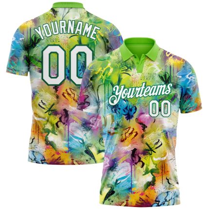 Custom Name Number 3D Performance Golf Polo Shirt - Personalized Graffiti Pattern White-Kelly Green Personalized Graffiti