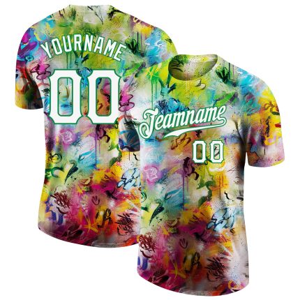 Custom Name and Number Personalized Graffiti Pattern Performance T-Shirt White-Kelly Green 3D Team Apparel Personalized Graffiti
