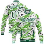 Personalized Graffiti Pattern Bomber Jacket in White and Kelly Green Grunge 3D Full-Snap Varsity Letterman Style Personalized
