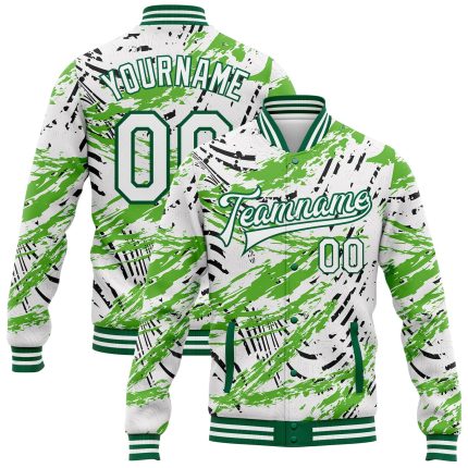 Personalized Graffiti Pattern Bomber Jacket in White and Kelly Green Grunge 3D Full-Snap Varsity Letterman Style Personalized