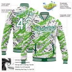 Personalized Graffiti Pattern Bomber Jacket in White and Kelly Green Grunge 3D Full-Snap Varsity Letterman Style Personalized